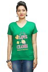 Women V Neck Green T Shirt