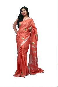 Carrot Red Embroidered Cotton Saree