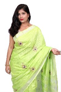 Parrot Green Embroidered Cotton Saree