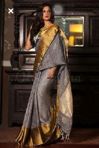 Linen Plain Grey Saree