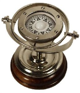 Wooden Stand Silver Finish Gimbal Compass