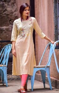 Rayon Slub Embroidered Straight Kurti