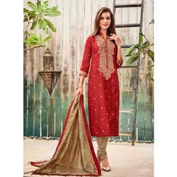 Cotton Red Embroidered Suit