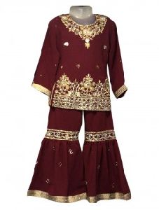 Maroon Georgette Festival Wear Embroidery Work Kids Sharara Suit