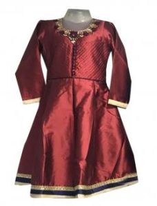 Maroon Silk Party Wear Embroidery Work Kids Gown