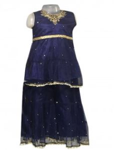 Navy Blue Net Casual Wear Diamond Work Kids Sharara Style