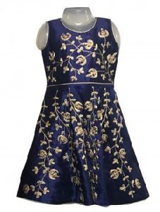 Navy Blue Silk Party Wear Embroidery Work Kids Gown