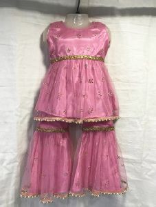 Pink Net Casual Wear Diamond Work Kids Sharara Style