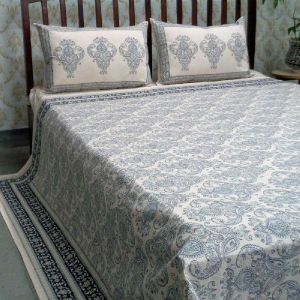 Off White Dyed and Block Printed Queen Size Bedspread