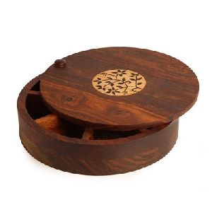 ROUND SHAPE WOODEN BOX WITH 9 COMPARTMENT FOR SPICE