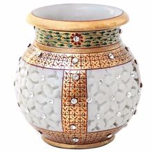 Cutwork Marble Flower Pot With Gold And Kundan Work