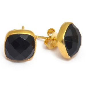 Black Onyx Cushion 10mm Bezel Set Gemstone Stud Earrings