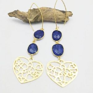 Blue Sapphire Stone Earrings with Drop Heart Design Charms