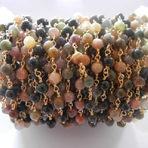 Gold Plated Sterling Silver Multi Tourmaline Gemstone Beaded Chain
