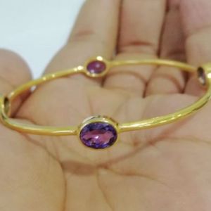 Oval Faceted Amethyst Gemstone Gold Plated Over Silver Bracelet