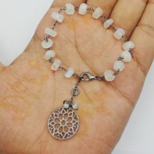 Rainbow Moonstone Beaded Chain Bracelet with Round Fancy Charm