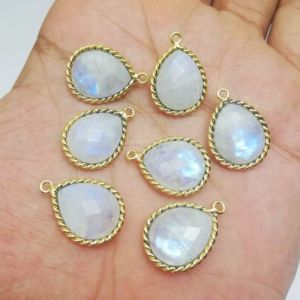 Rainbow Moonstone Gold Plated Twisted Bezel Pear Pendant