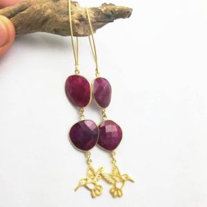 Ruby Gemstone Kingfisher Birds Charm Long Drop Earring