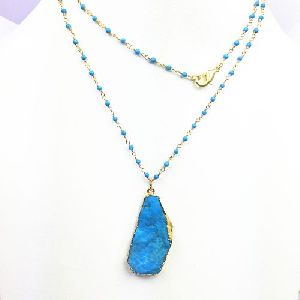 Turquoise Rough Pendant Necklace with 24 Long Beaded Chain