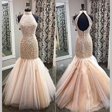 beige pearl embellished mermaid evening gown