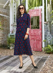 Blue and Red Colored Rayon Printed Kurti.