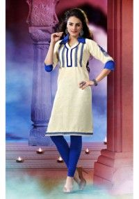 Classy Off White Color Floral Embroidery Worked Khadi Cotton Kurti.