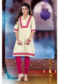 Dapper Cream Color Floral Embroidery Worked Khadi Cotton Kurti
