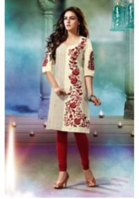 Fancy Cream Color Floral Embroidery Worked Khadi Cotton Kurti