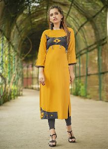 Mustard and Grey Colored Rayon Kurti