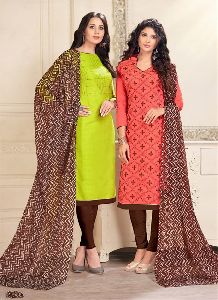 Parrot Green And Pink Colored Cotton Butti And Chanderi Salwar Suit.