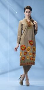 Teal Grey Colored French Crepe Printed Kurti