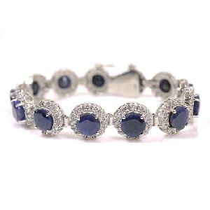 Sterling Silver Round Blue Sapphire CZ Women Bracelet Catch Clasp 7