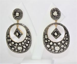 OVAL HANDMADE DIAMOND POLKI ANTIQUE VICTORIAN GOLD PLATED EARRING