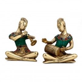 Brass Coral Musical Lady Pair Statue Ethnic Tribal Showpiece