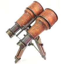 ANTIQUE NAUTICAL LEATHER BINOCULAR WITH WOODEN TRIPOD STAND