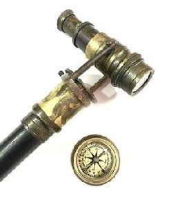 Brass Black Wooden Telescope Walking Stick with Compass