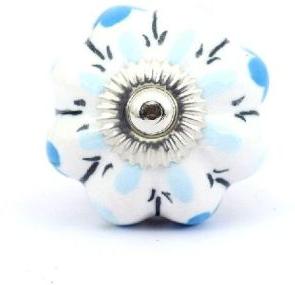 AQUA FLOWER ON WHITE PUMPKIN CERAMIC KNOB