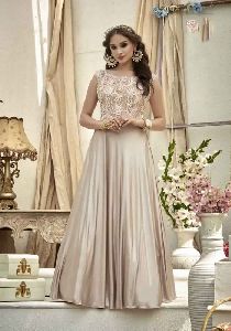 Beige Colour Jacquard Embroidered Stitched Gown