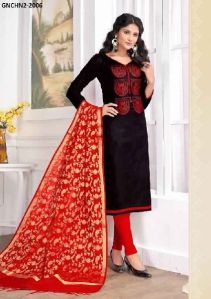 Black Colour Cotton Embroidery Unstitched Dress Material