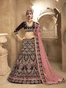 Brown Velvet Anarkali Semi Stiched Lehengas