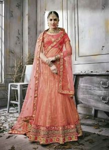 Orange Designer Embroidered Art Silk Anarkali Semi Stiched Lehengas