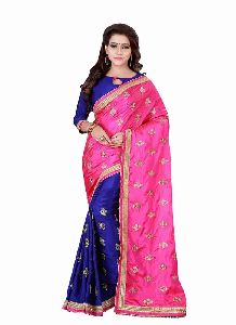 Satin Silk Pink and Blue Embriodery Half and Half Saree With Unstitched Blouse