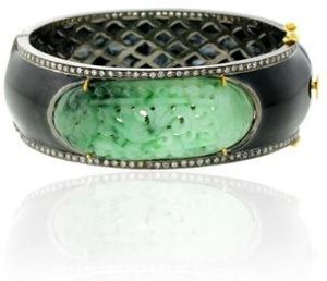 18kt Gold Carving Jade Diamond Silver 925 Sterling Bangle Jewelry