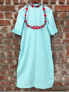 Blue Linen Solid Party Knee-Long Kurti