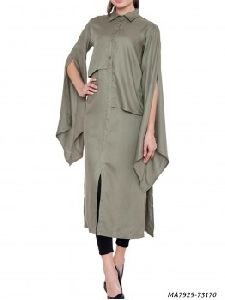 Grey Cotton Silk Solid Party Knee-Long Kurti