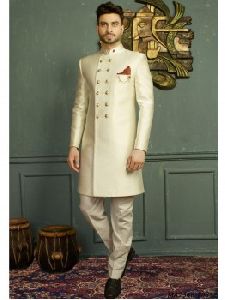 Off White Jacquard Self Sherwani