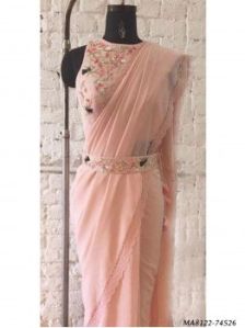 Peach Georgette Hand Work Wedding Designer Saree