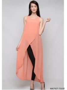 Peach Georgette Solid Party Knee-Long Kurti