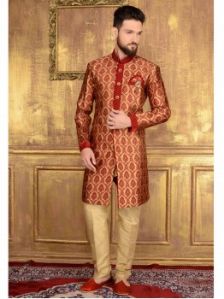 Red Jacquard Printed Sherwani