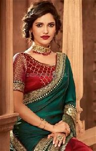 Maroon-Green Jamawar Hemline Half Saree Blouse Set